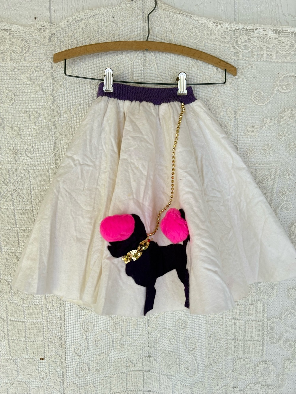 Girls White Felt Skirt with Pom Poms  Accent Handmade
